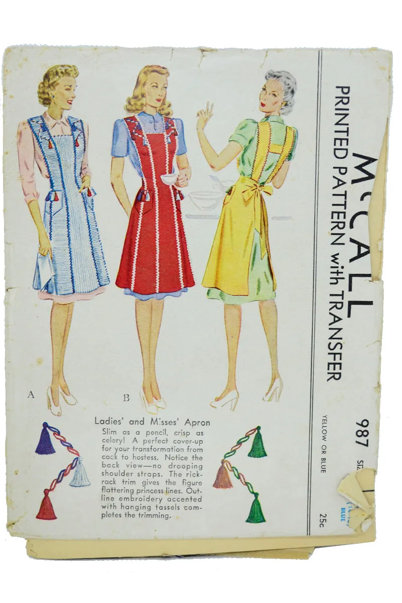 1942 Vintage McCall 987 Full Bib Apron w Tassel Trim Sewing Pattern