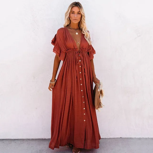 2021 Women's Maxi Dress Summer Ruffles Cover Up Size One Size