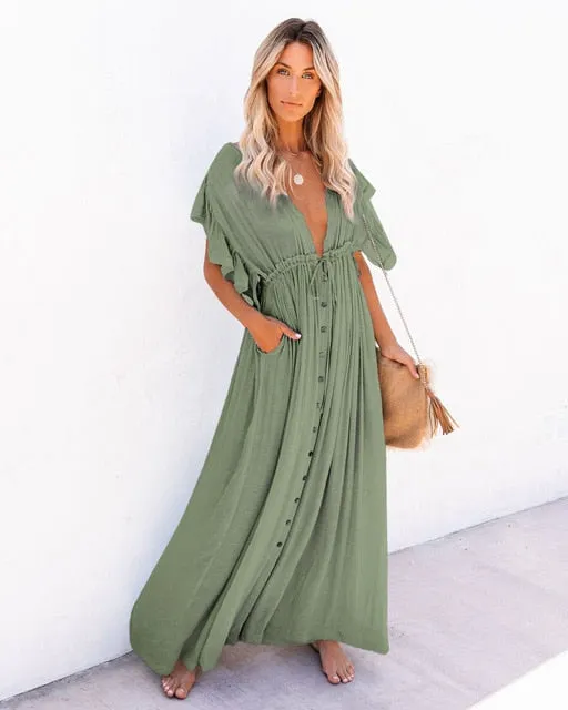 2021 Women's Maxi Dress Summer Ruffles Cover Up Size One Size