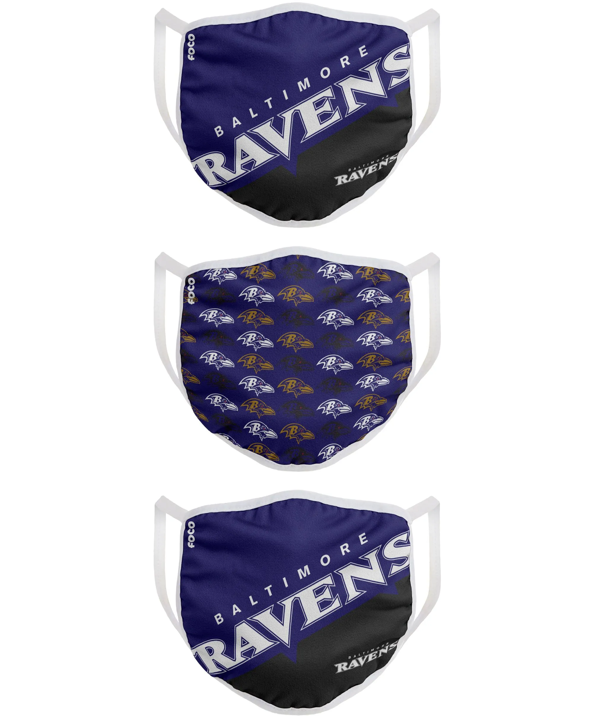 Baltimore Ravens NFL Football Gametime Foco Pack of 3 Adult Face Covering Mask