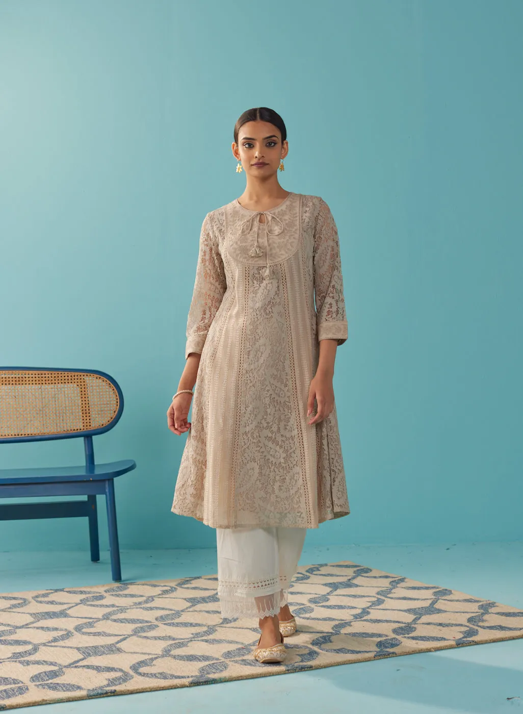 Beige A Line Kalidaar Raschel Dress with Tassels