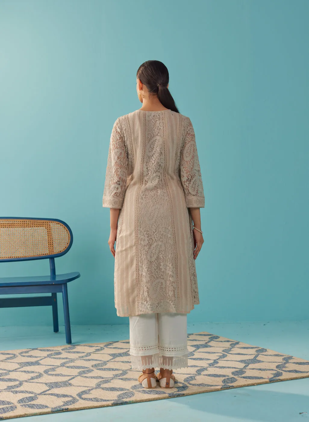Beige A Line Kalidaar Raschel Dress with Tassels