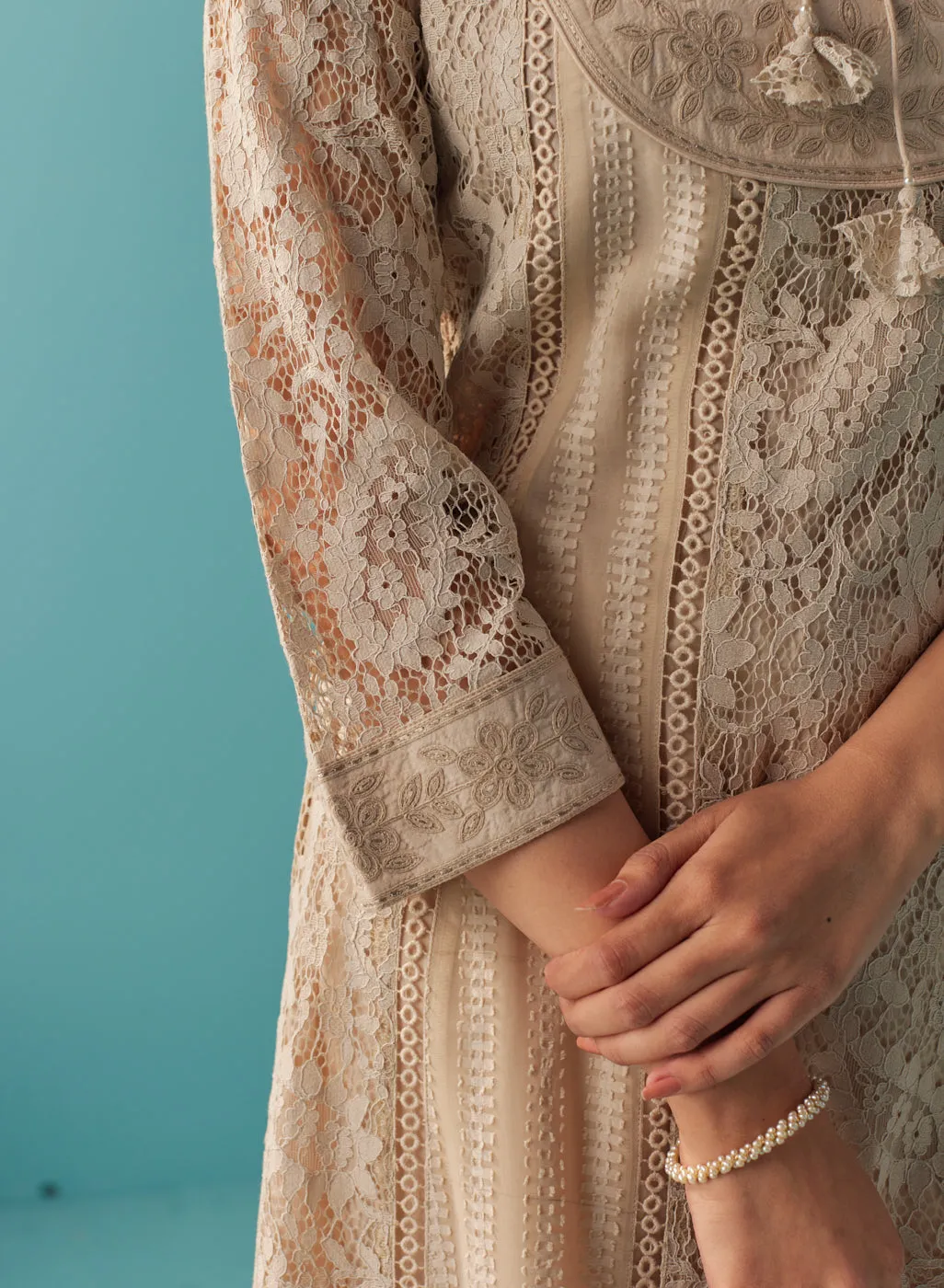 Beige A Line Kalidaar Raschel Dress with Tassels