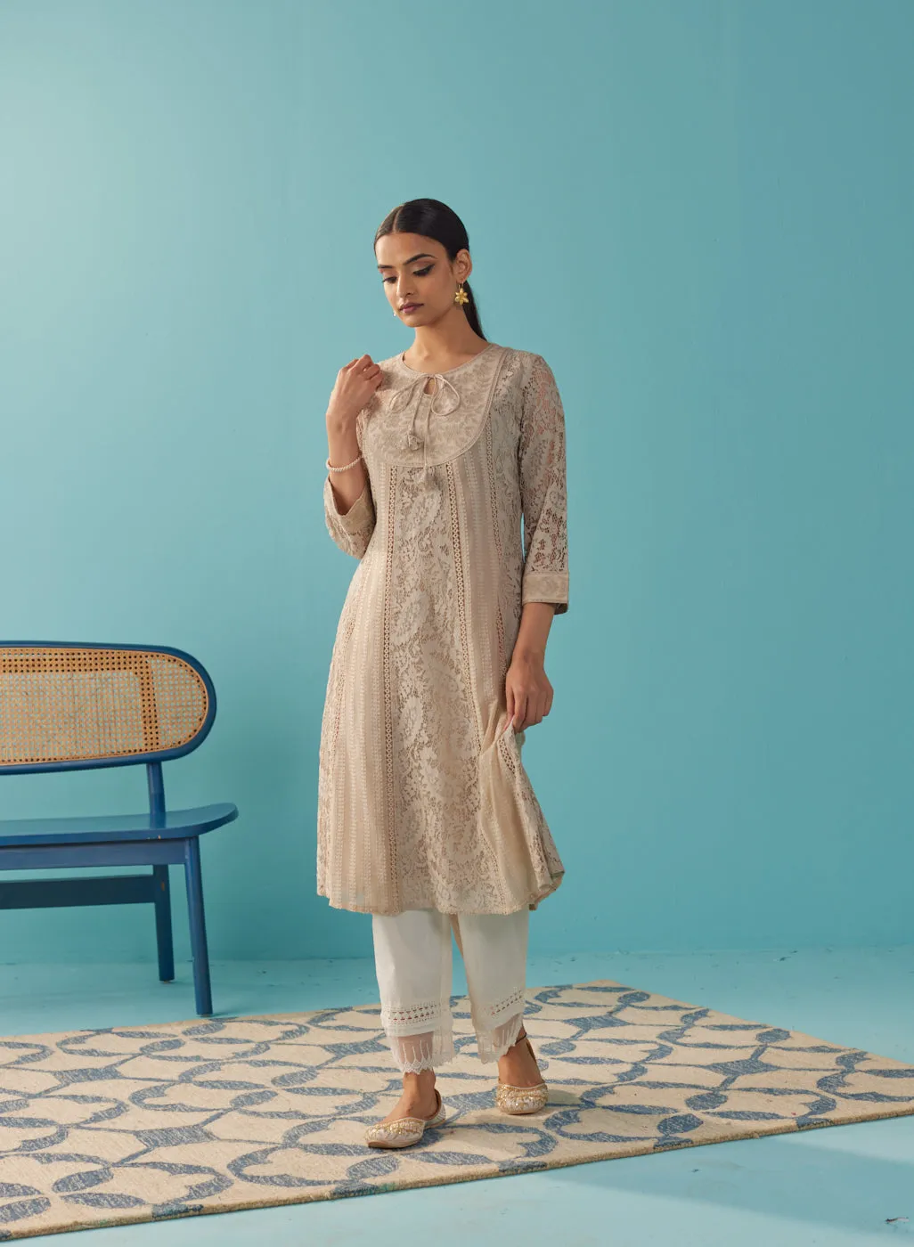 Beige A Line Kalidaar Raschel Dress with Tassels