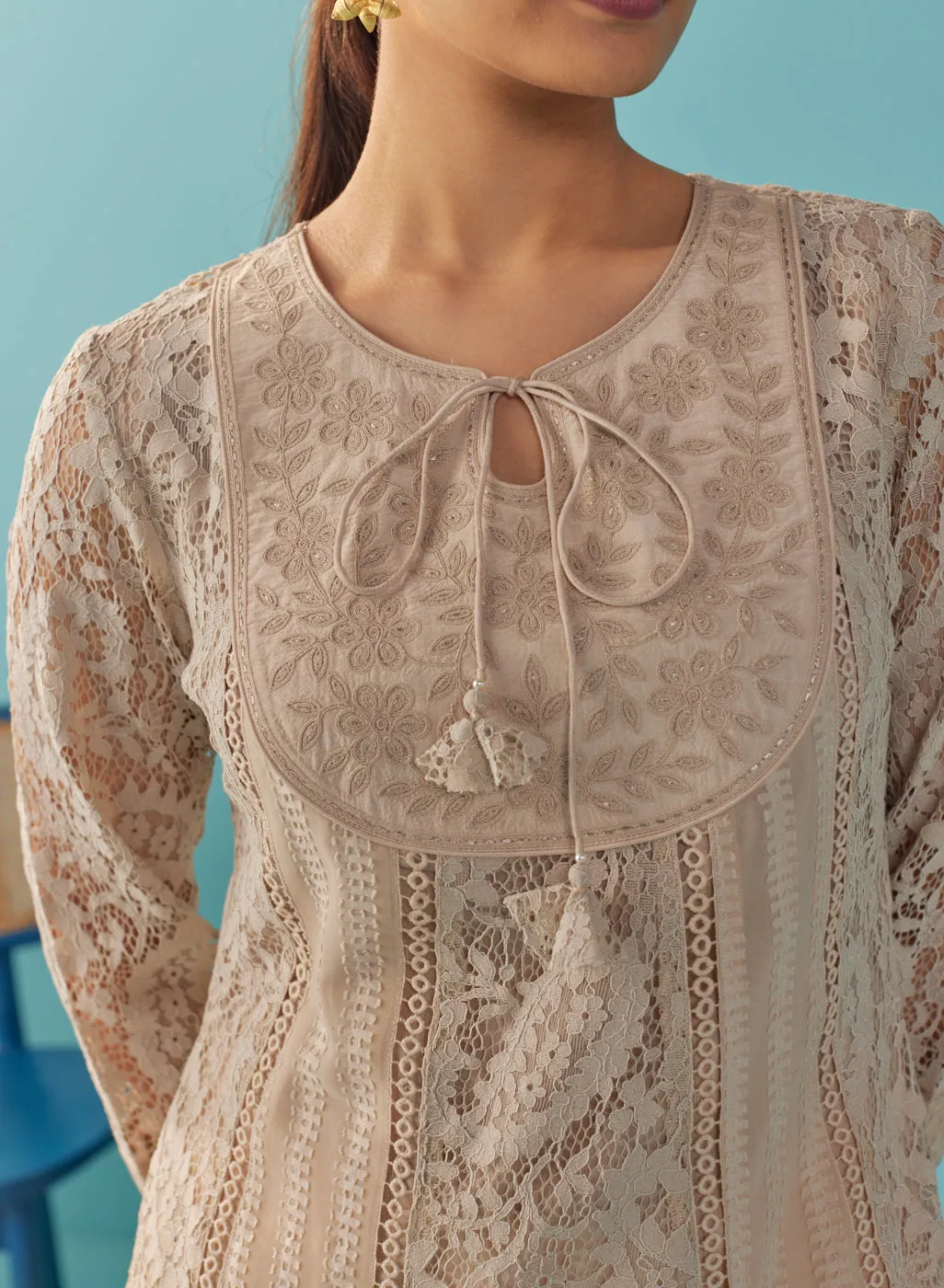 Beige A Line Kalidaar Raschel Dress with Tassels