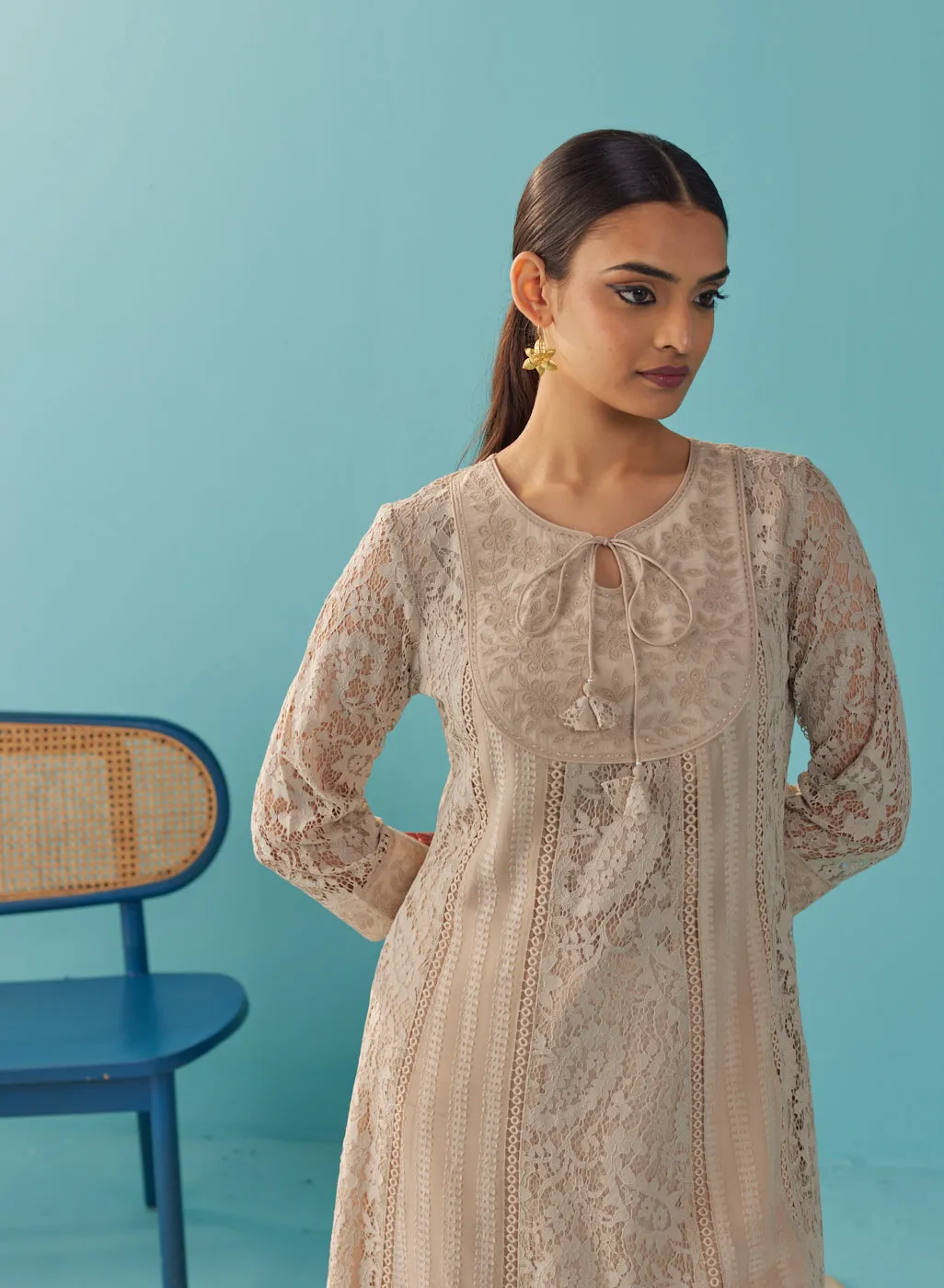 Beige A Line Kalidaar Raschel Dress with Tassels