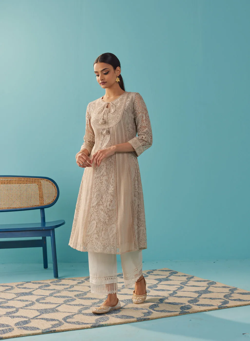 Beige A Line Kalidaar Raschel Dress with Tassels
