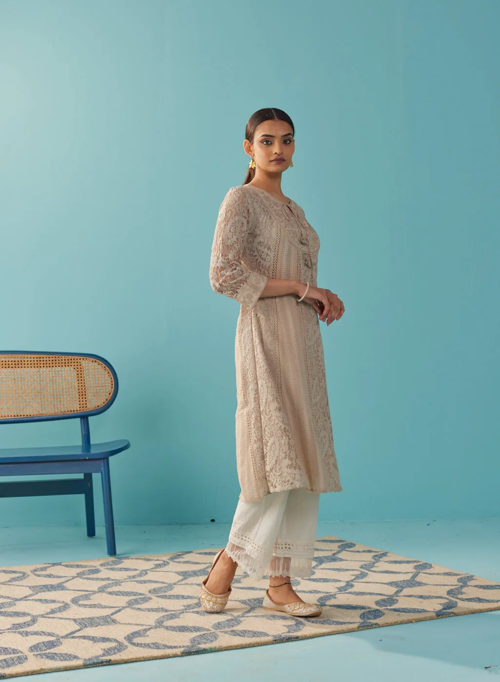 Beige A Line Kalidaar Raschel Dress with Tassels