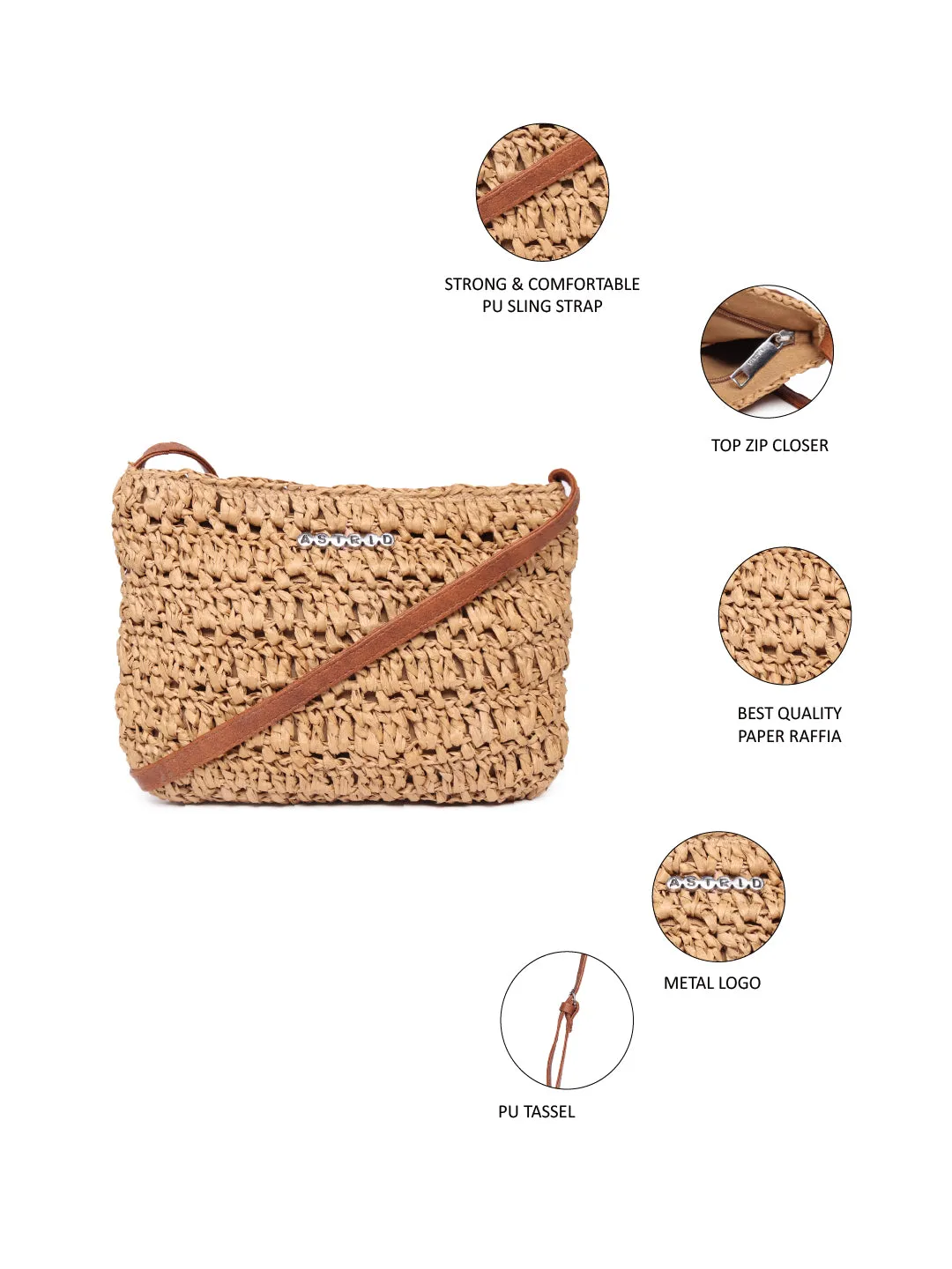 Beige Raffia Crossbody Sling Bag