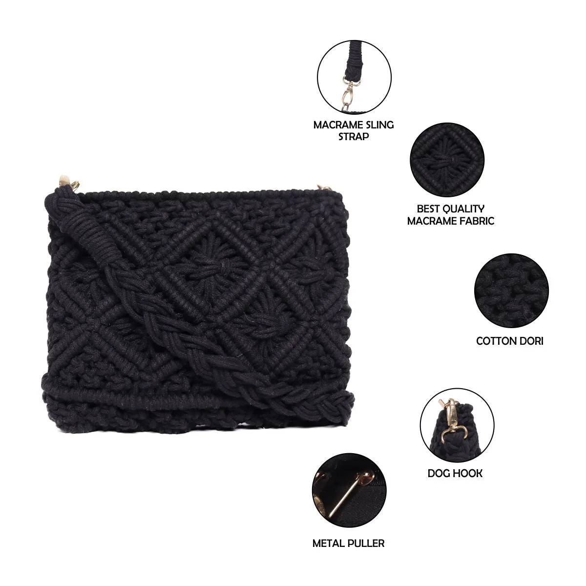 Black Macrame  Crossbody Sling Bag