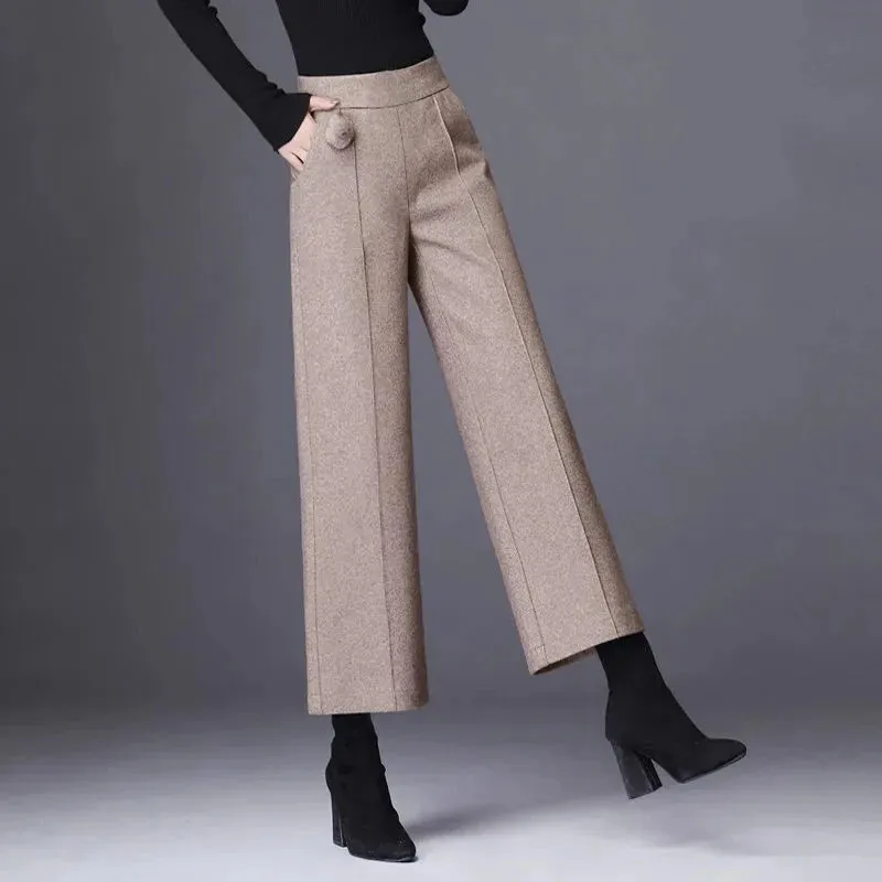 Elegant Woolen Blend Wide Leg Pants