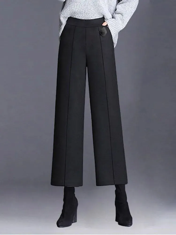 Elegant Woolen Blend Wide Leg Pants