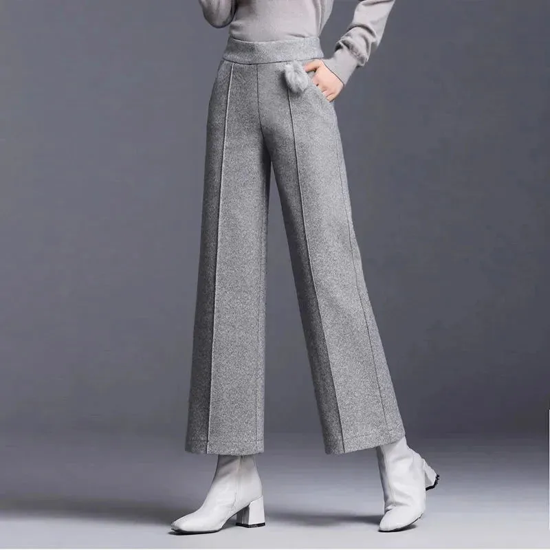 Elegant Woolen Blend Wide Leg Pants
