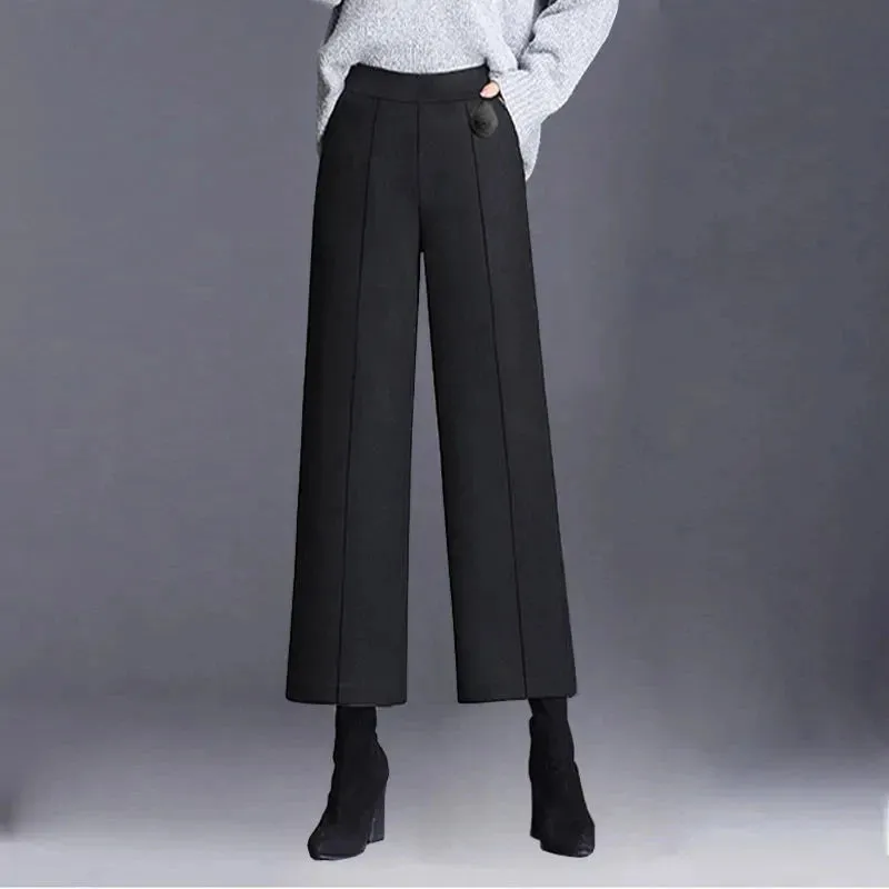 Elegant Woolen Blend Wide Leg Pants