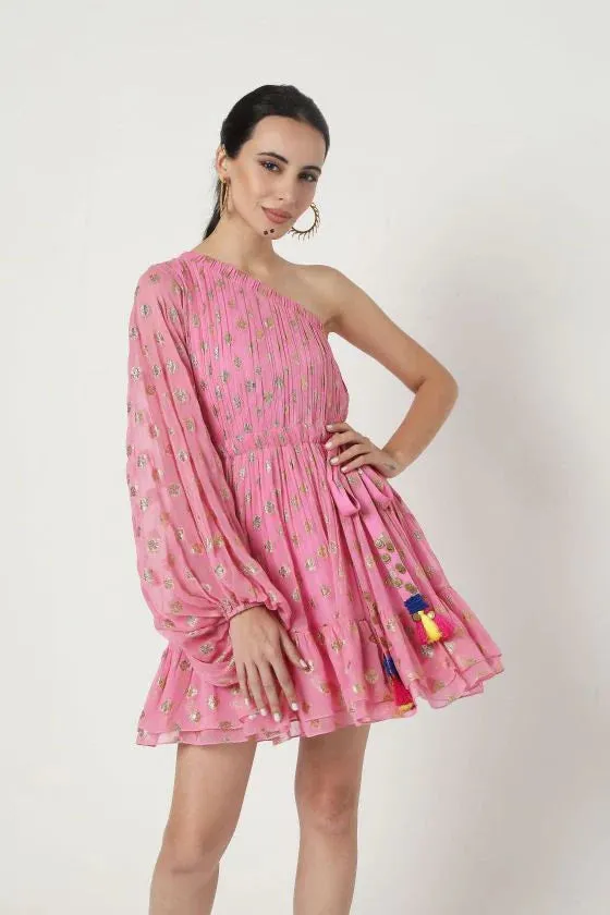 Embroidered One Shoulder Dress