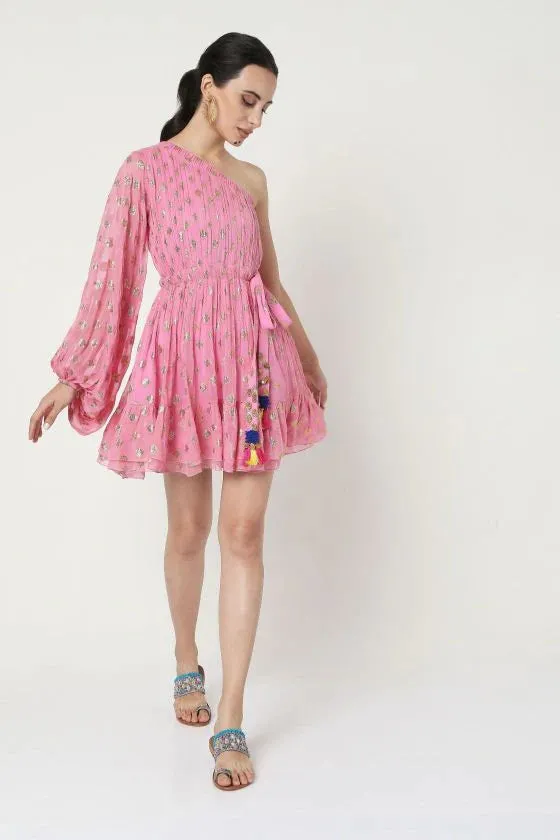 Embroidered One Shoulder Dress