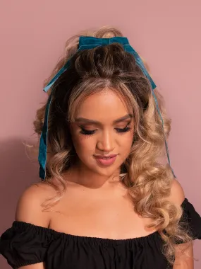 FINAL SALE - Long Double Tailed Velvet Hair Bow in Turquoise