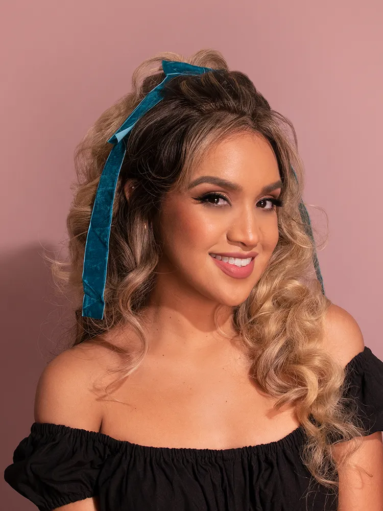 FINAL SALE - Long Double Tailed Velvet Hair Bow in Turquoise