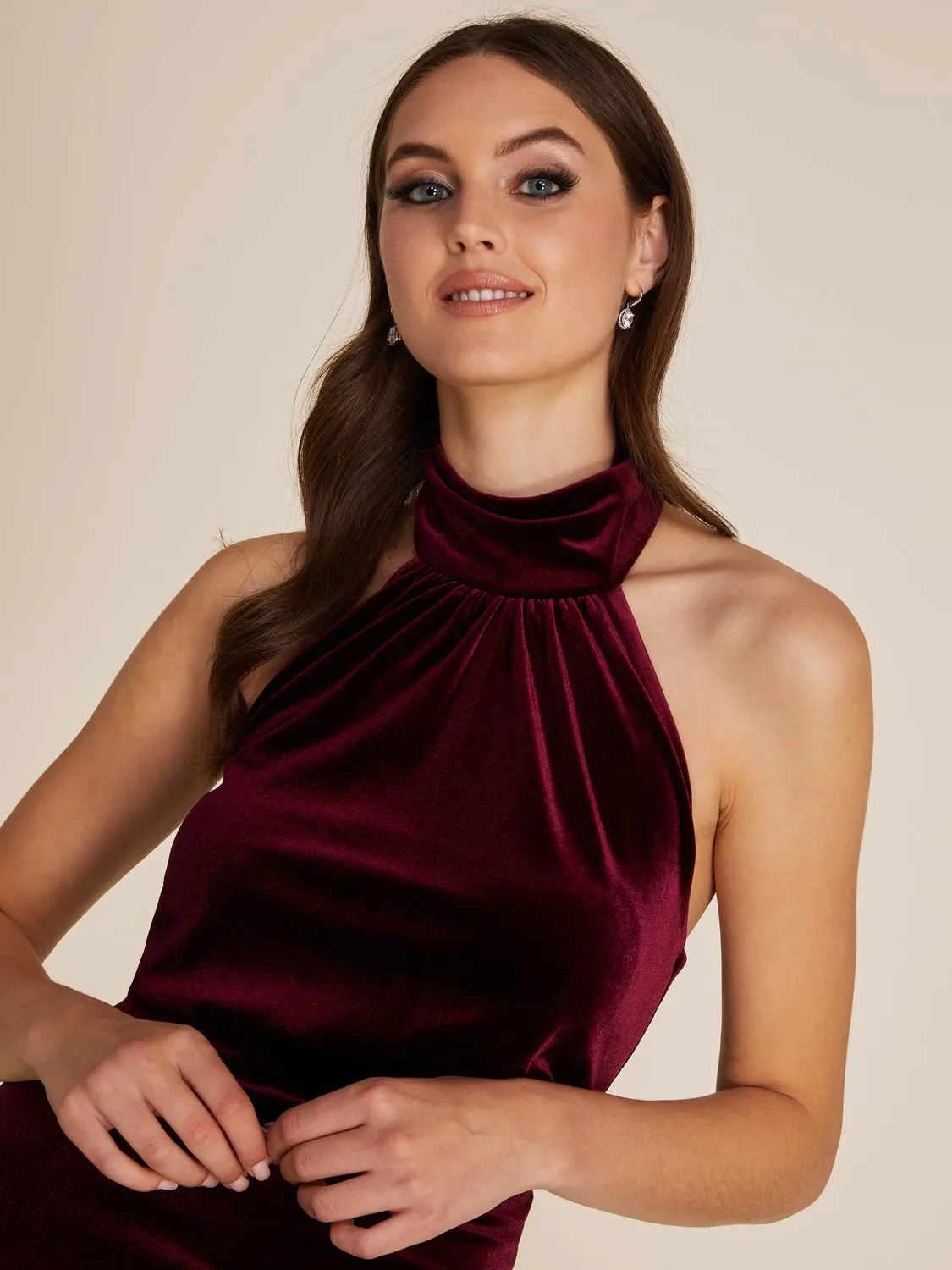 Halter Mock Neck Velvet Gown