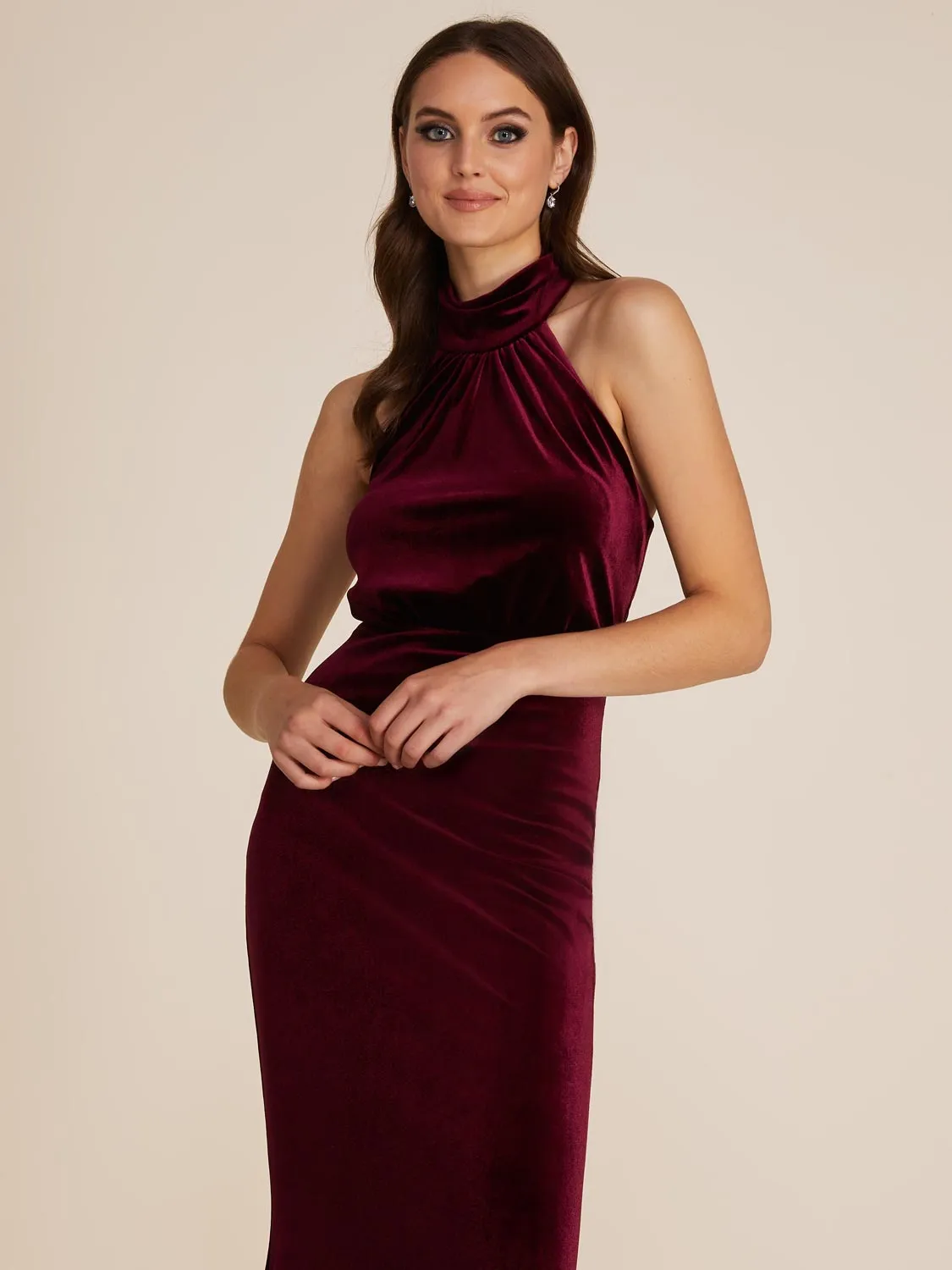 Halter Mock Neck Velvet Gown
