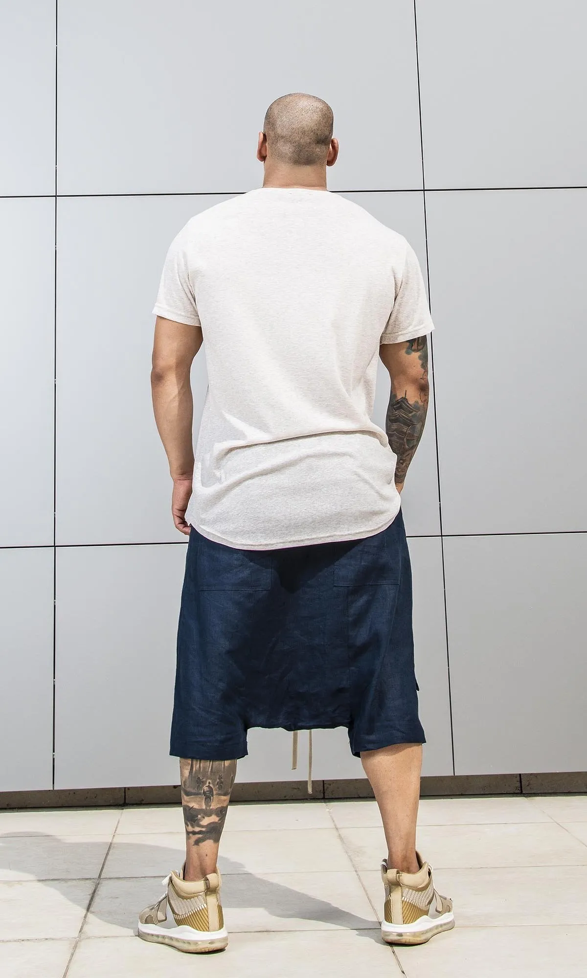 Linen Harem Shorts with Deep Drop Crotch