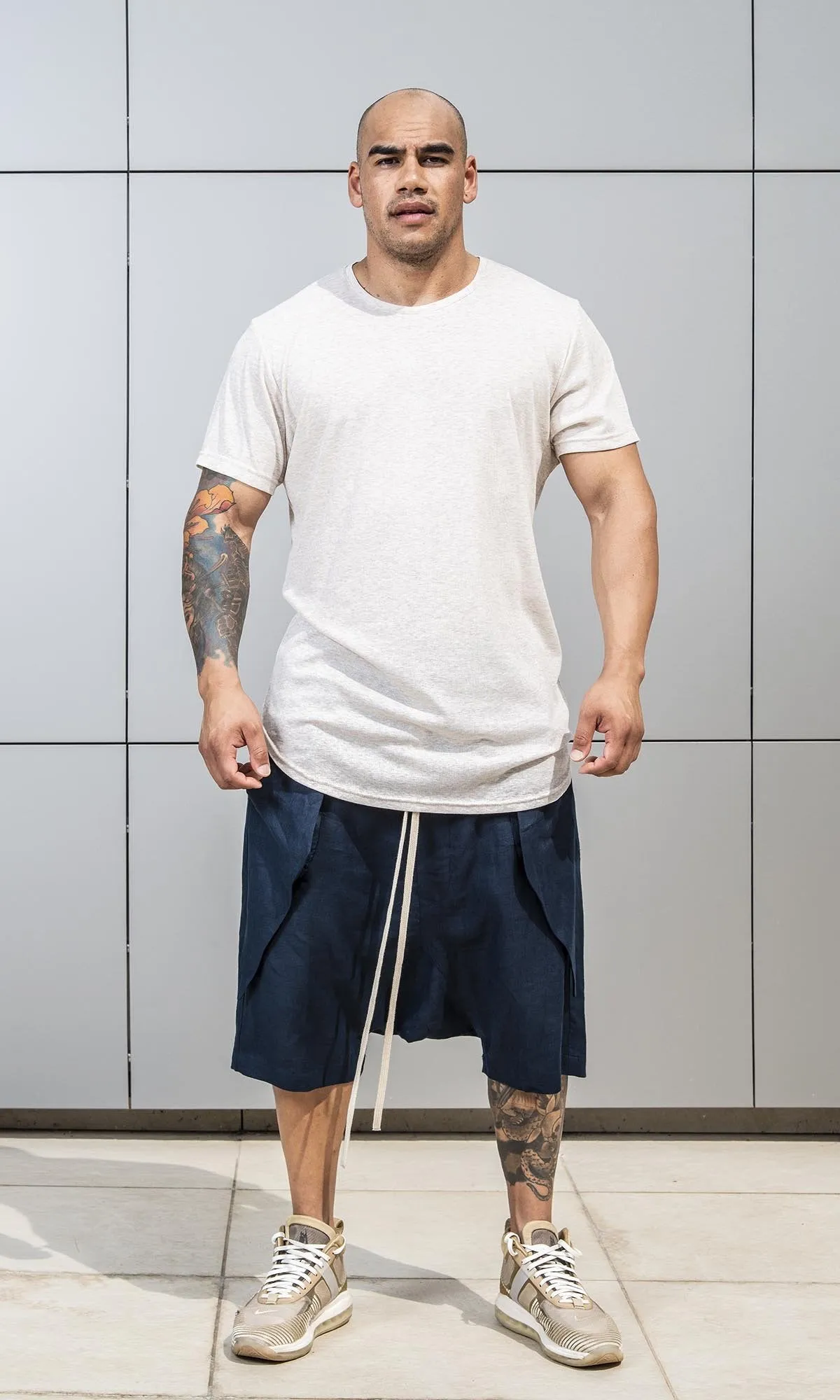 Linen Harem Shorts with Deep Drop Crotch