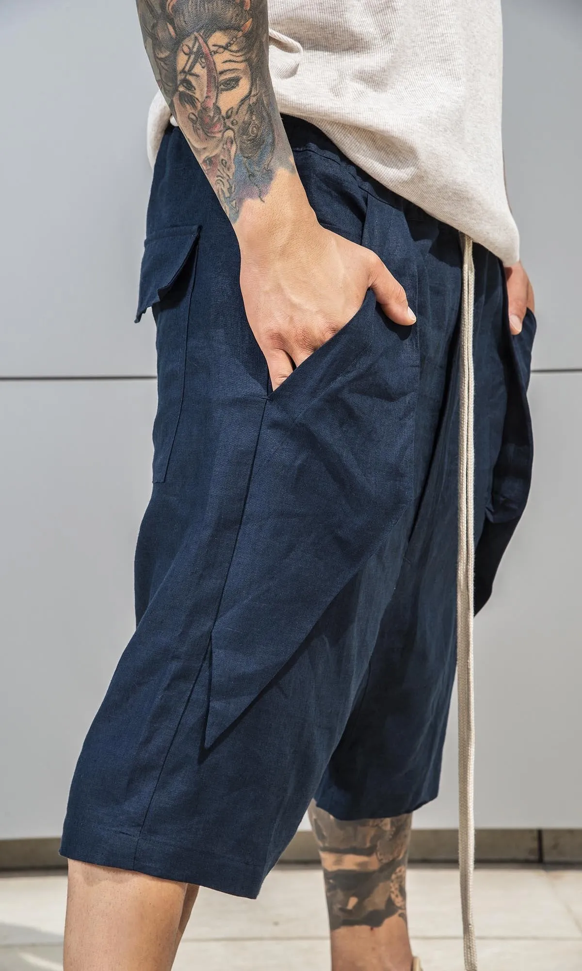 Linen Harem Shorts with Deep Drop Crotch
