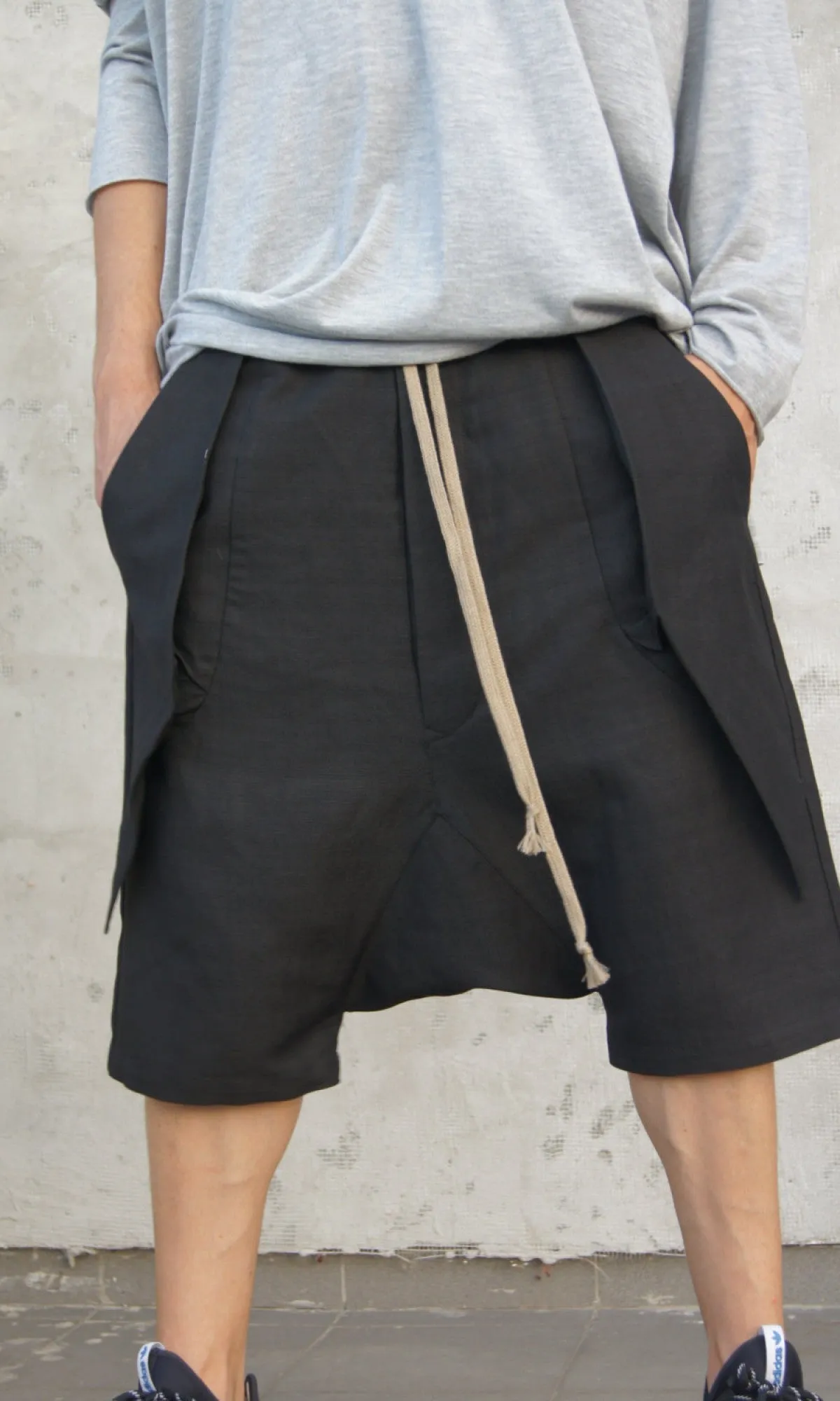 Linen Harem Shorts with Deep Drop Crotch