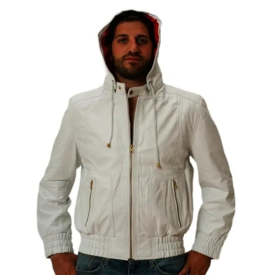 Mens White Leather Jacket with Hood