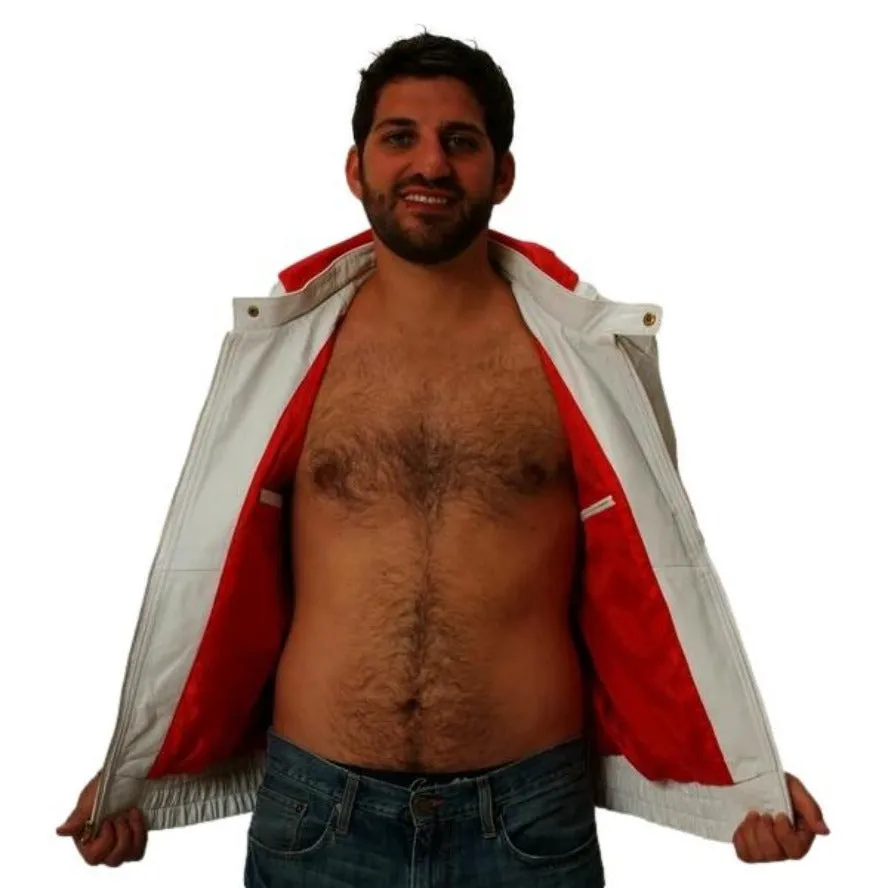 Mens White Leather Jacket with Hood