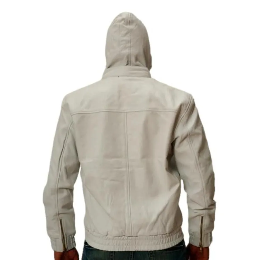 Mens White Leather Jacket with Hood