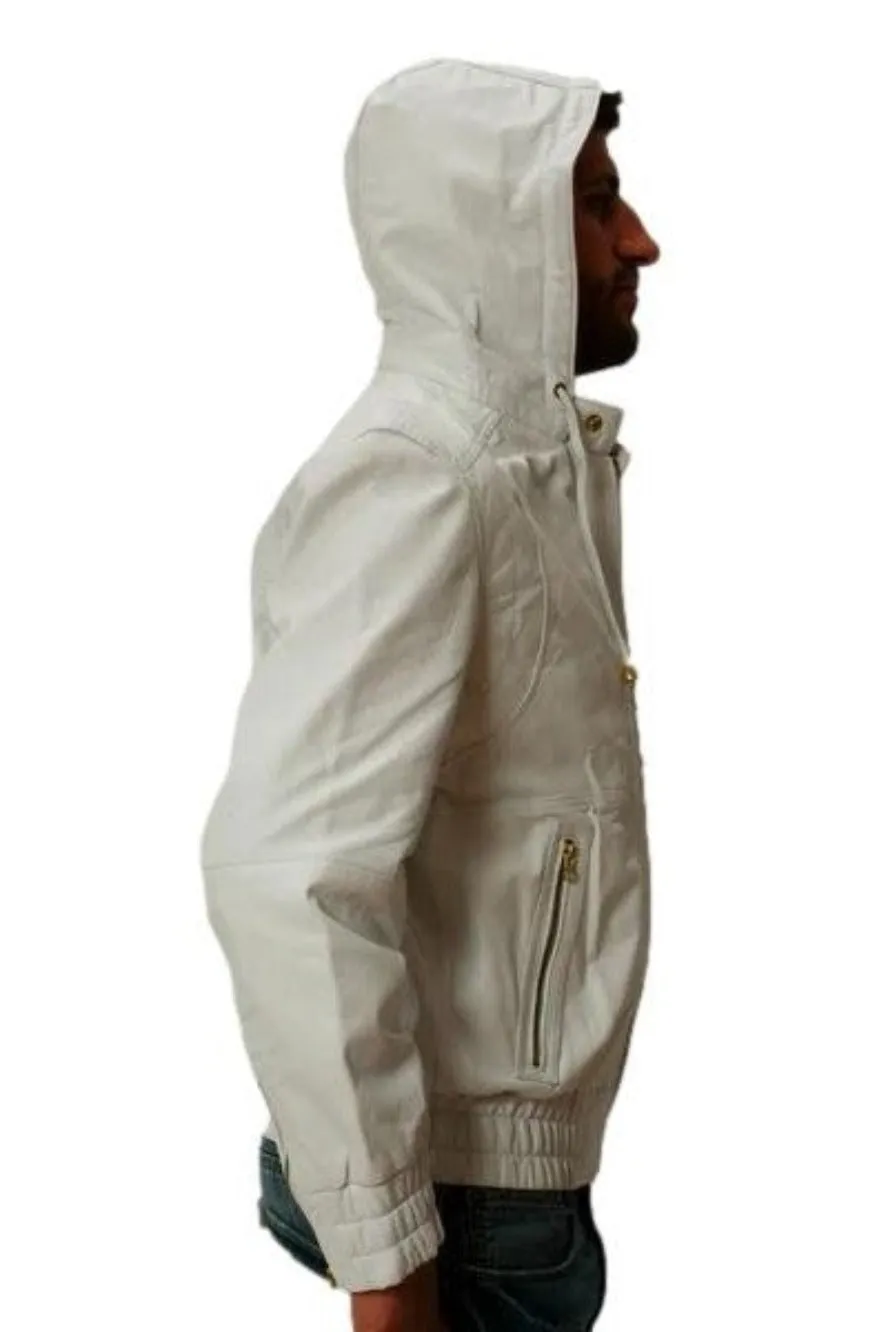 Mens White Leather Jacket with Hood