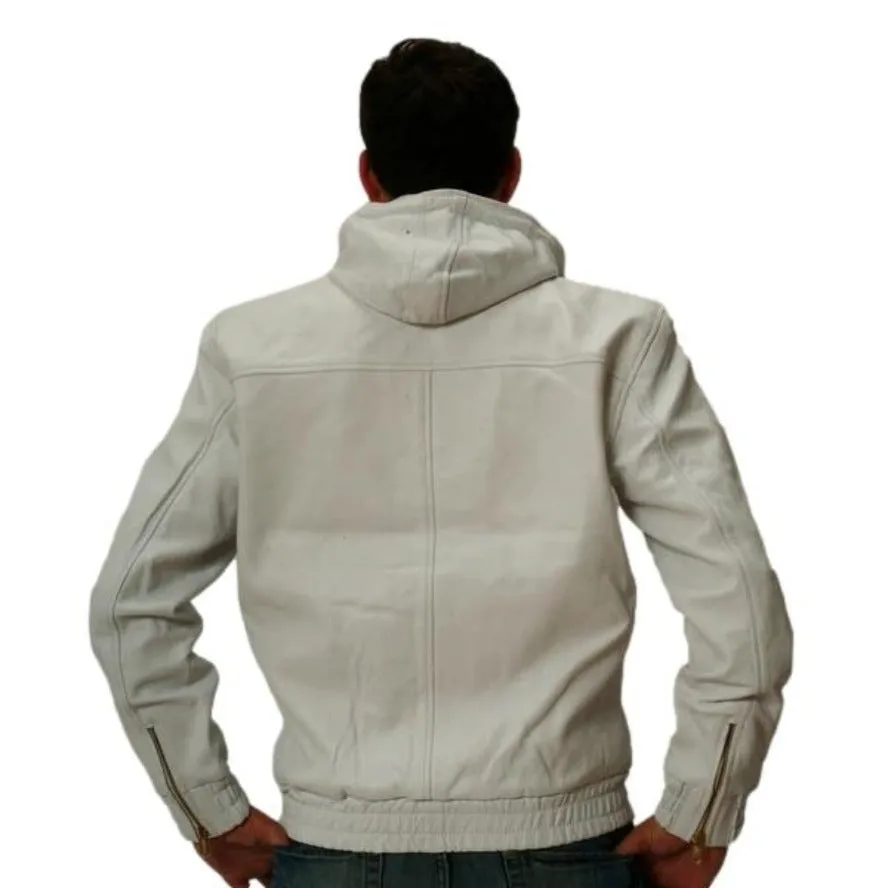 Mens White Leather Jacket with Hood