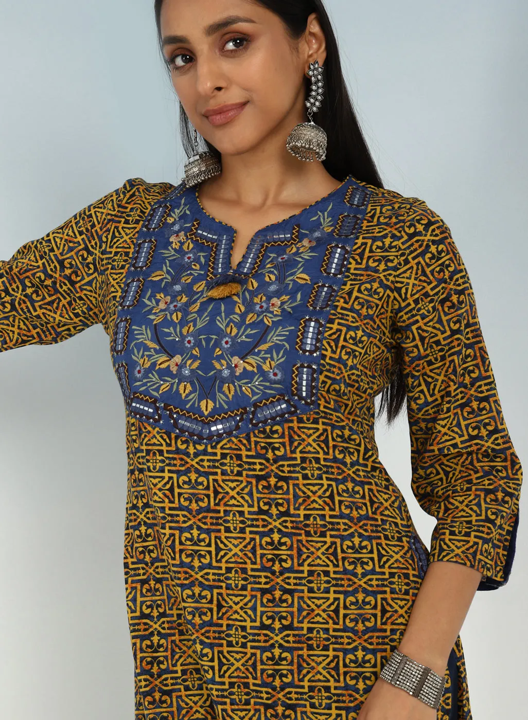 Navy Round Neck Straight Fit kurti with Patch Work