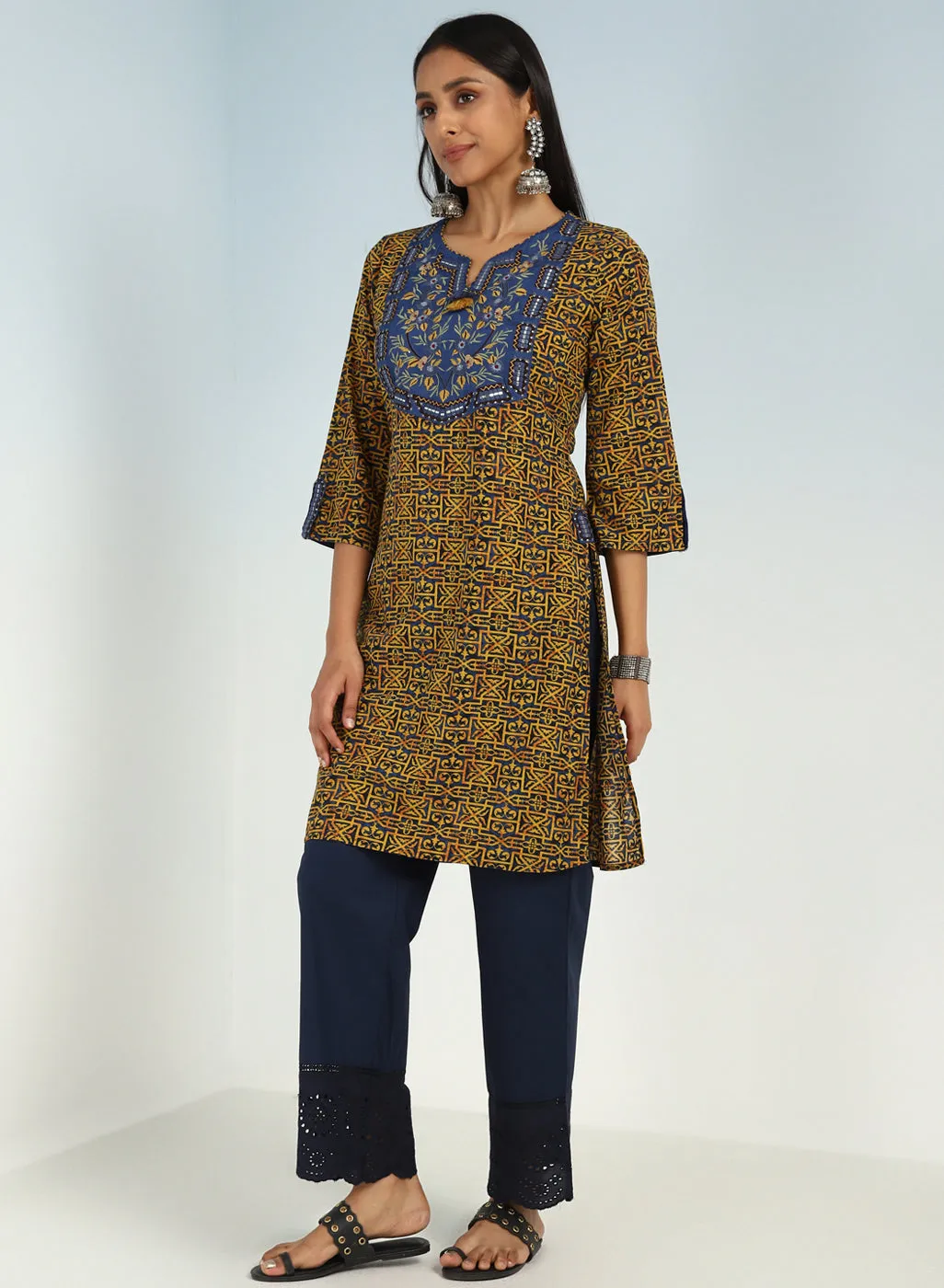 Navy Round Neck Straight Fit kurti with Patch Work