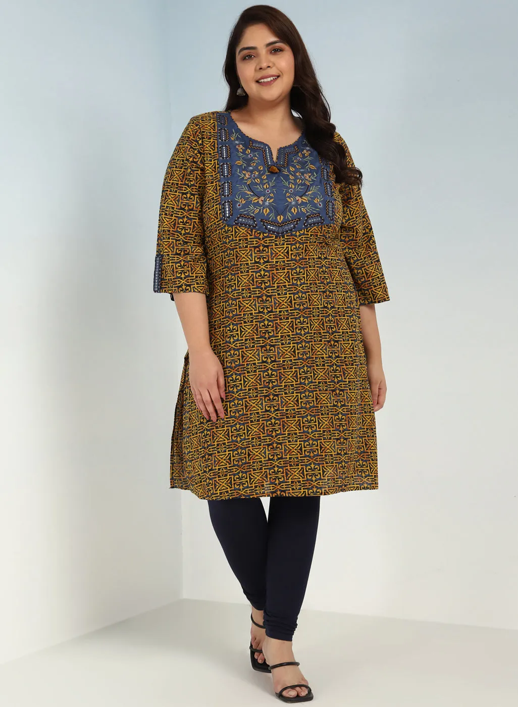 Navy Round Neck Straight Fit kurti with Patch Work