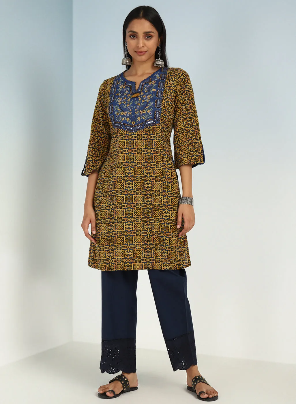 Navy Round Neck Straight Fit kurti with Patch Work