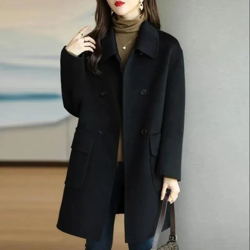 New Autumn Winter Women Woolen Coat Large Size Loose Woolen Coats Double-breasted Cashmere Woolen Long Overcoat Female