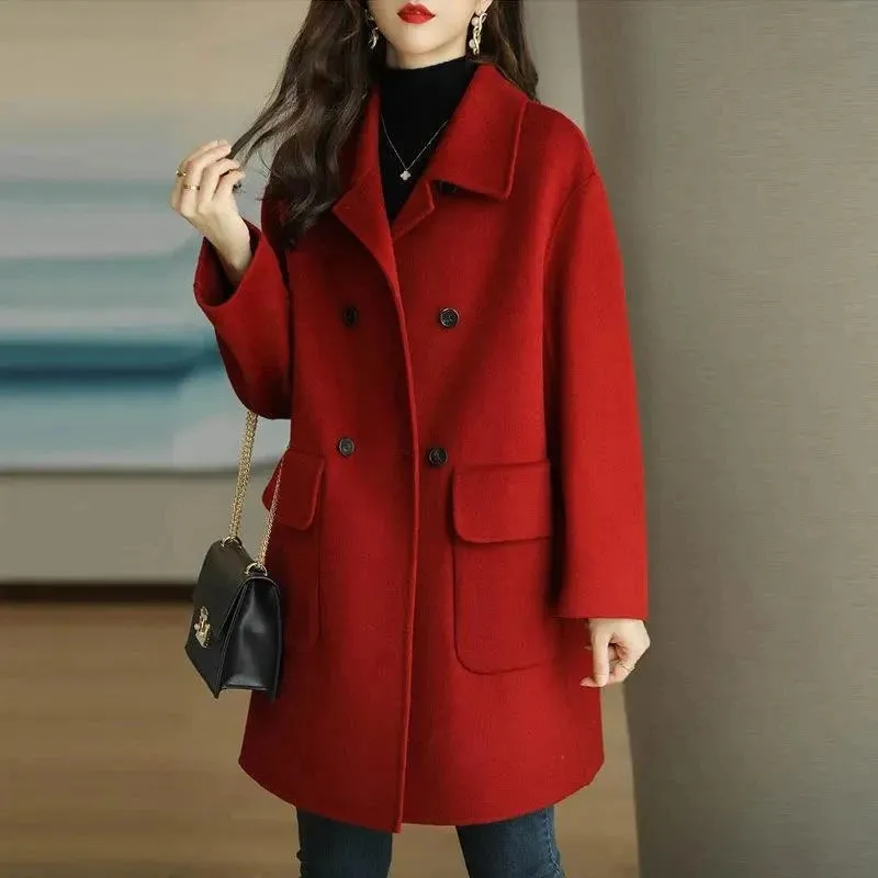 New Autumn Winter Women Woolen Coat Large Size Loose Woolen Coats Double-breasted Cashmere Woolen Long Overcoat Female