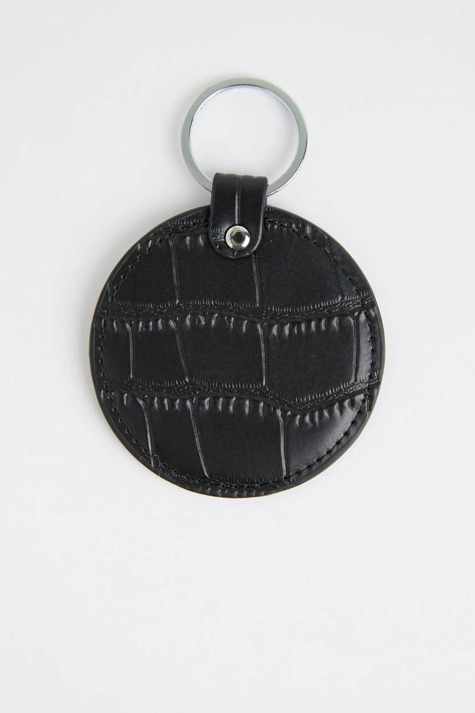 Personalised Leather Circle Keyring - Black Croc with Silver Hardware