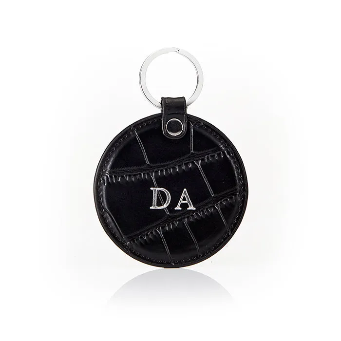 Personalised Leather Circle Keyring - Black Croc with Silver Hardware