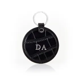 Personalised Leather Circle Keyring - Black Croc with Silver Hardware
