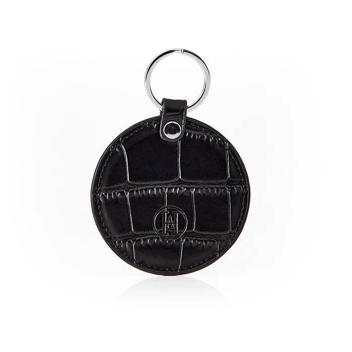 Personalised Leather Circle Keyring - Black Croc with Silver Hardware