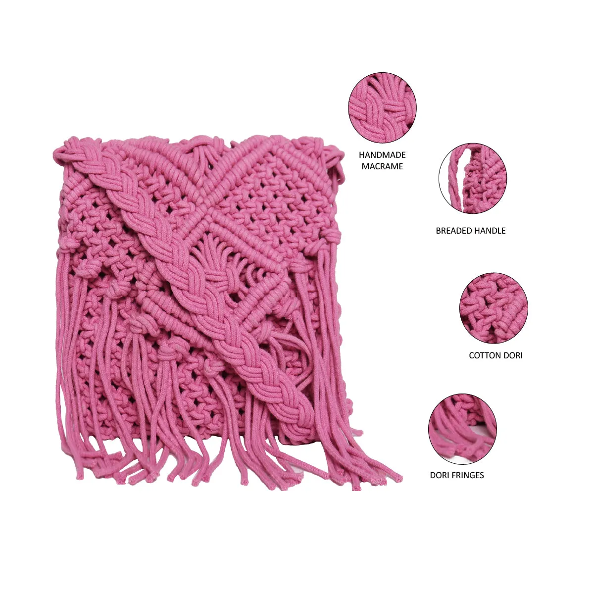 Pink Macrame Flapover Crossbody Sling Bag