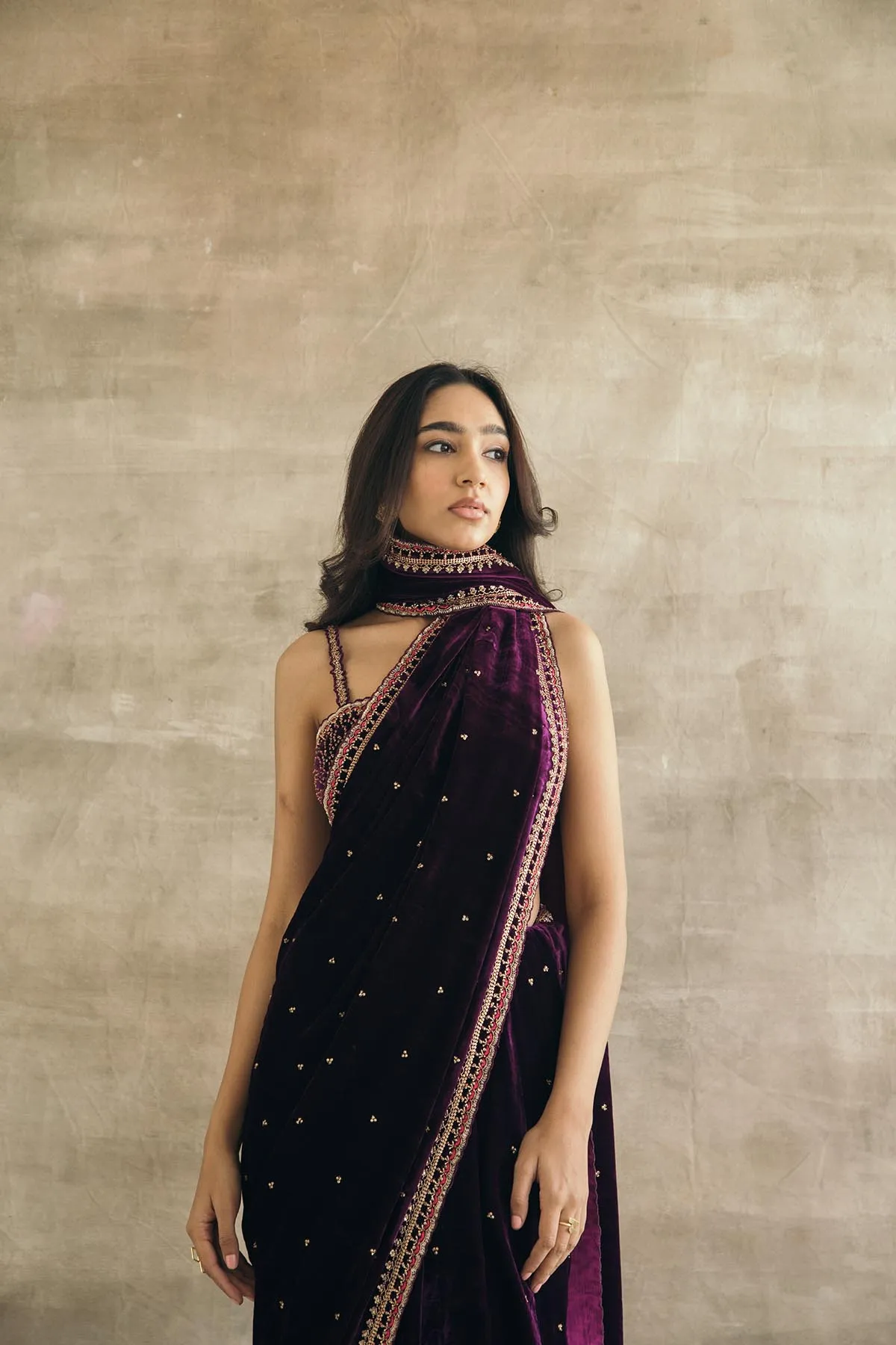 Plum Silk Velvet Retro Sari-RTS