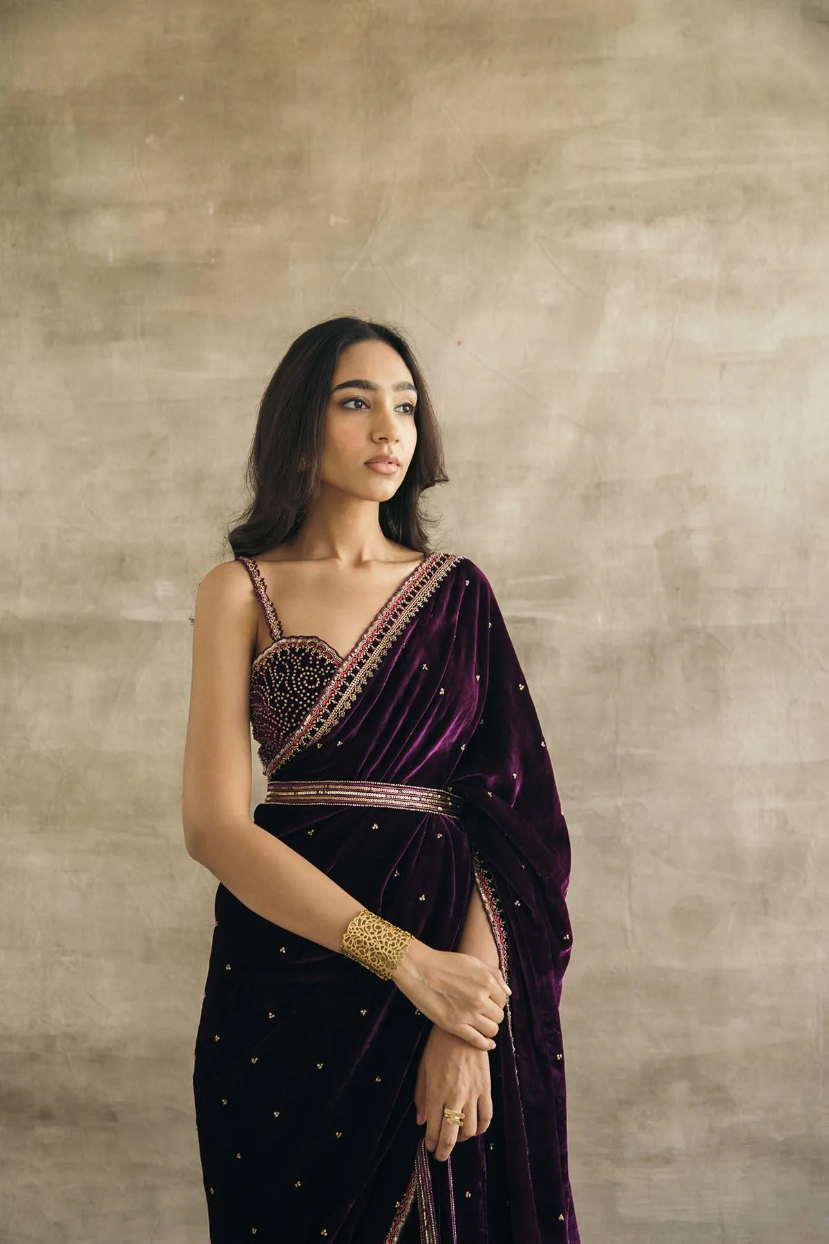 Plum Silk Velvet Retro Sari-RTS