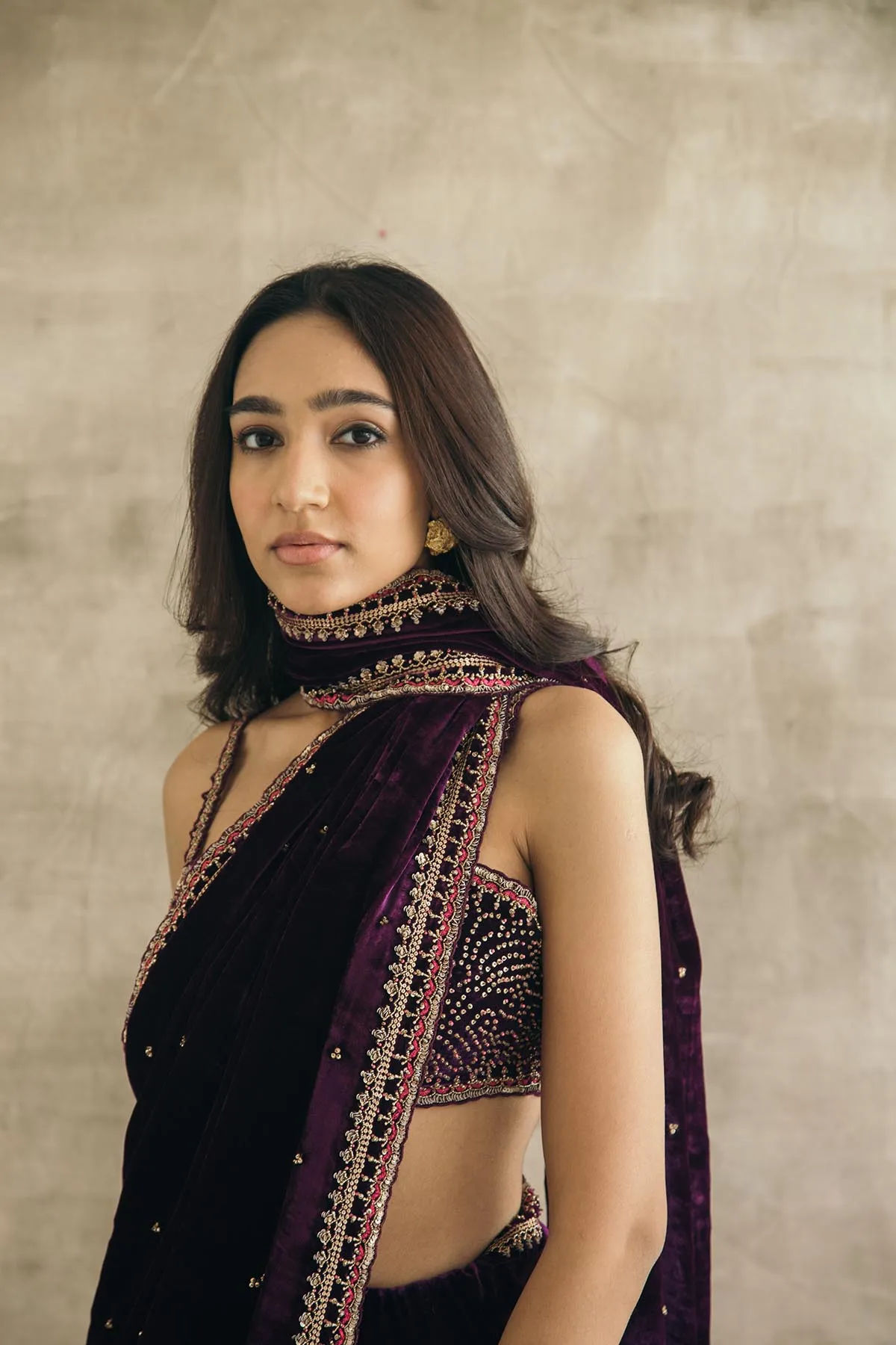 Plum Silk Velvet Retro Sari-RTS