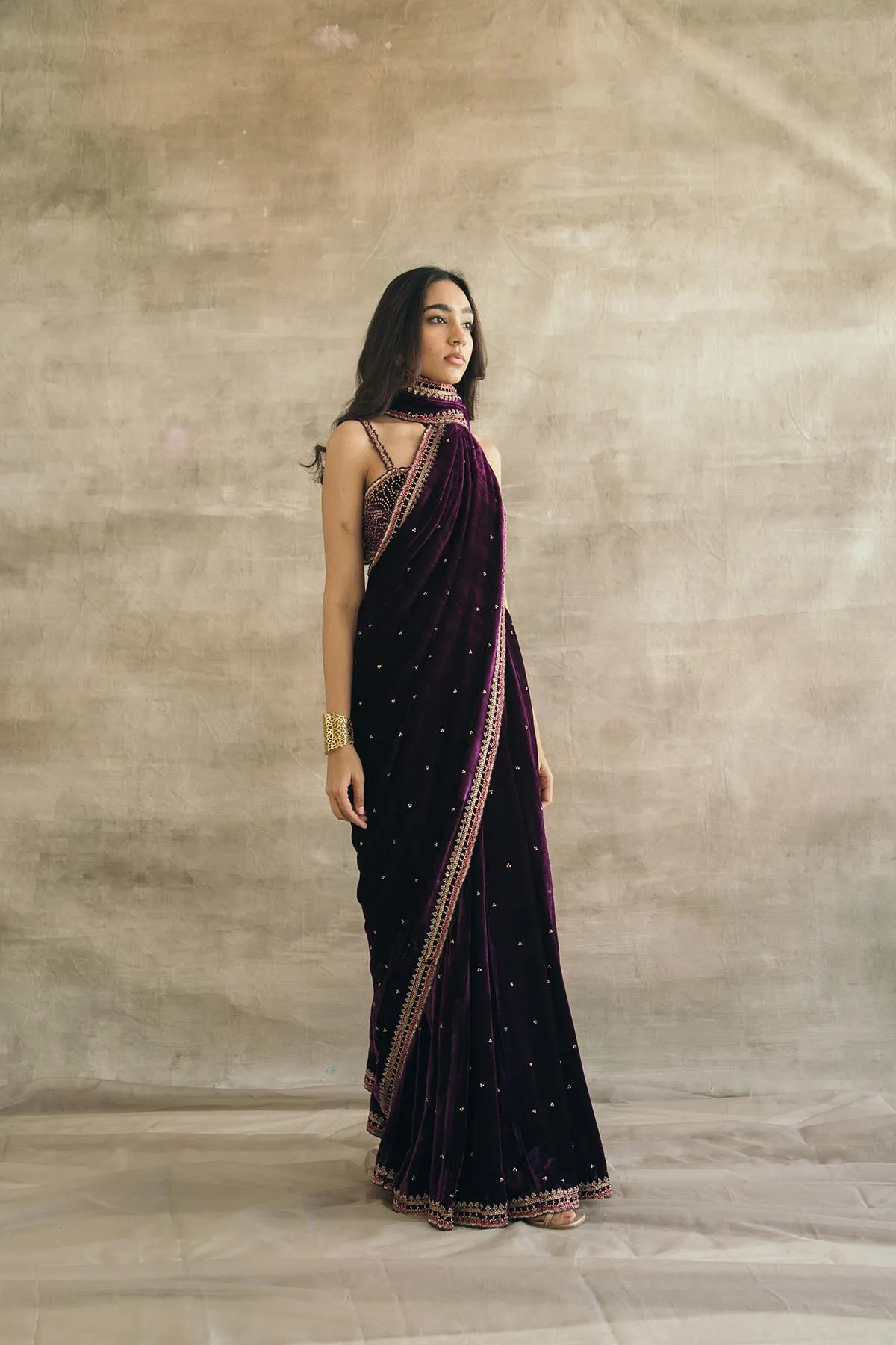 Plum Silk Velvet Retro Sari-RTS