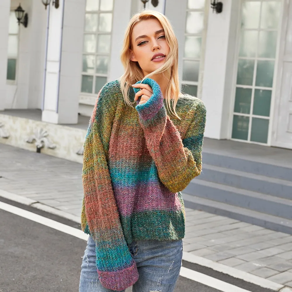 Rainbow Striped Loose Pullover