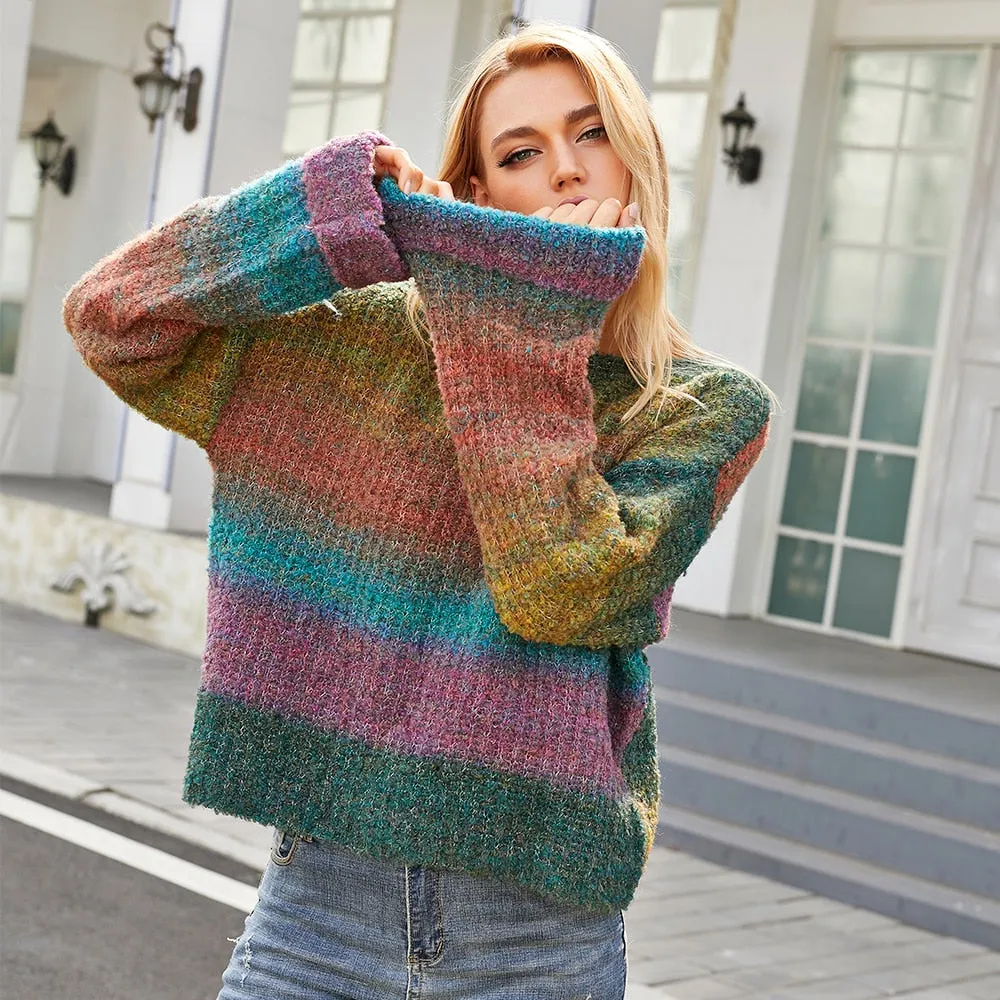 Rainbow Striped Loose Pullover